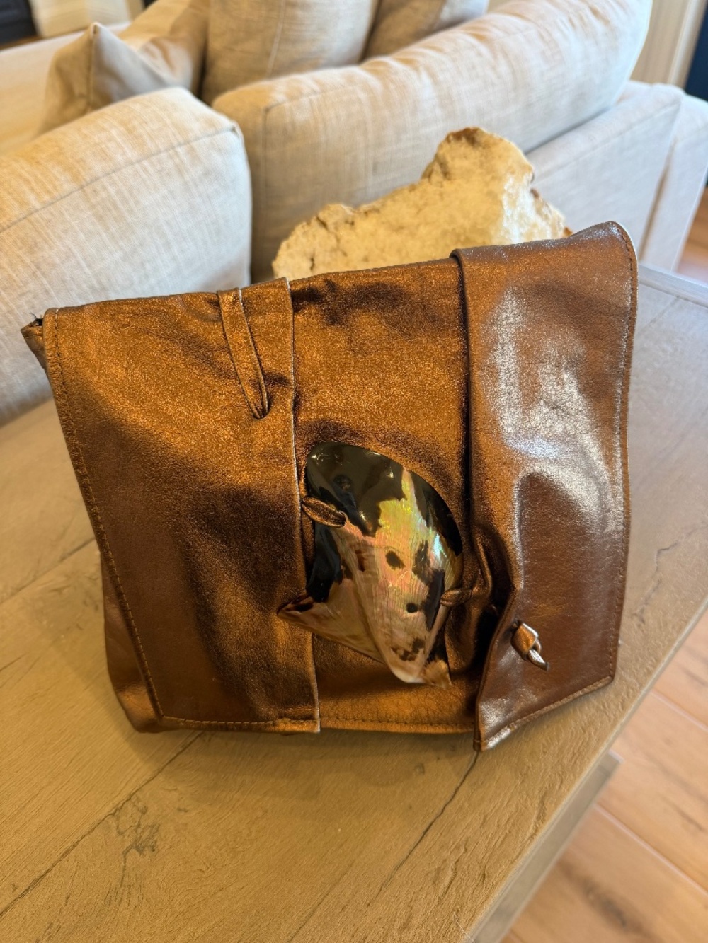 Beautiful Unique Handmade Designer Metallic Leather Saddle Handbag Sea Shell